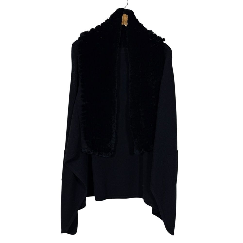 Belle Fare Black Cashmere Open Front Flowy Vest Rex Rabbit Fur Trim Women's S